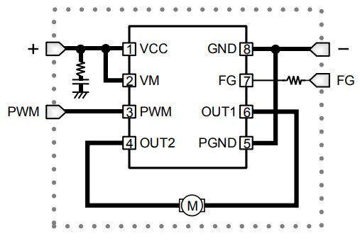 Application Circuit Diagram - ROHM Semiconductor BU69090NUX Single-Phase Motor Driver